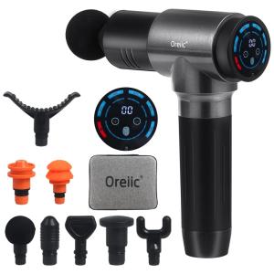 Massageador Pistola Elétrico Profissional Sem Fio 8 Acessórios e 30 Velocidades, OREIIC, Cinza