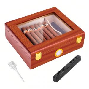 Umidor de Charutos de Mesa com Tampo de Vidro, Higrômetro, Umidificador e Divisória - Cedro Espanhol ,TireQuik