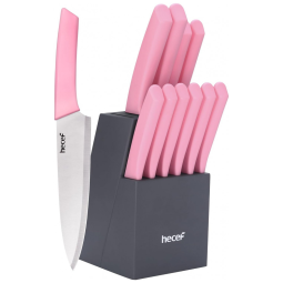 Conjunto de Facas em Aço Inoxidável com Bloco de Bancada, 12 Peças, Hecef, Rosa