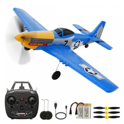 Avião de Controle Remoto com Acessórios, Sistema de Estabilização Xpilot de 6 Giroscópios, RoofWorld P-51 Mustang 76105, Amarelo e Azul