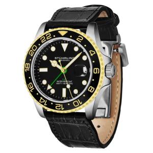 Relogio Stuhrling Meridian 3968L GMT 42 mm, mostrador preto, moldura e pulseira de couro preta, fivela de implantacao.