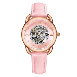 Relgio Feminino Stuhrling 3990 Automtico 36mm, Mostrador Rosa e Pulseira de Couro Rosa com Fivela Tang em Camadas de Ouro Rosa