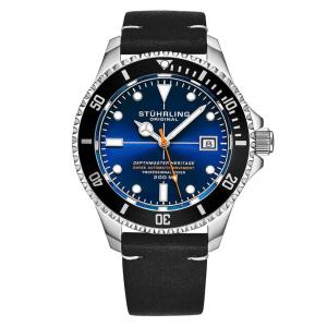 Relógio Stuhrling Swiss Automático Depthmaster Heritage 42mm, Mostrador Azul e Prata, Pulseira Couro Preto À Prova d'Água
