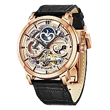 Relogio Anatol 371L Automatico 46mm, Mostrador Rosa, Pulseira de Couro Azul com Fivela em Ouro Rosa Stuhrling.