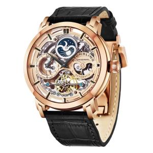 Relogio Anatol 371L Automatico 46mm, Mostrador Rosa, Pulseira de Couro Azul com Fivela em Ouro Rosa Stuhrling.