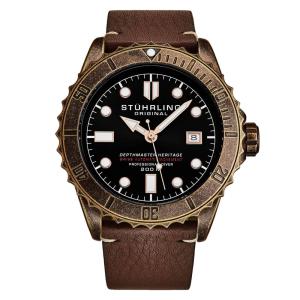 Relogio Swiss Automatico Depthmaster Heritage 1003L 44MM, Mostrador Preto e Cobre, Pulseira de Couro Marrom Stuhrling
