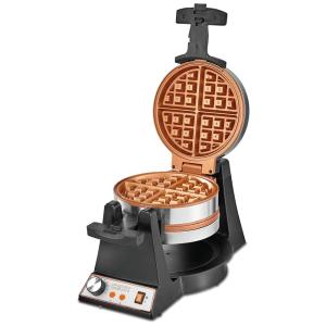 Máquina de waffles belga giratória dupla com placas antiaderentes, caixa de aço inoxidável e controle de escurecimento, CRUX 14614, Preto