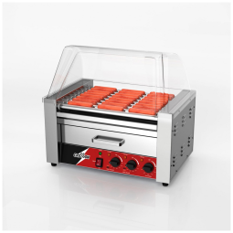 Máquina para Hot Dog CROSSON Prata 9 Rolos Aço Inox Controle Triplo de Temperatura Gaveta Aquecedora 24 Unidades 1750W 120V