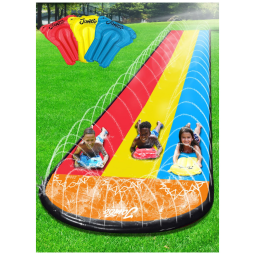 Parque Aquático Inflável 6 Metros com 3 Bodyboards e Sistema de Aspersão de Água de 3 Vias para Crianças, Jambo, Colorido