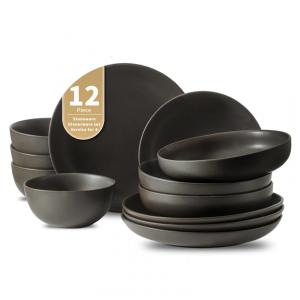 Aparelho de Jantar de Cerâmica Tikooere para 4 Pessoas, Acabamento Fosco Preto, Resistente a Riscos, Pode ir ao Micro-ondas,Tikooere