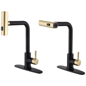 Torneira Cozinha com Chuveiro Suspenso em Cascata, Alça Única e Giratória 360 Graus em Aço Inoxidável, KEER, Preto e Dourado