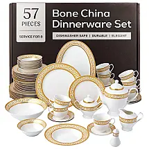 Aparelho de Jantar Joseph Sedgh Collection Golden Greek Key 57 Peças Bone China Serviço para 8 Branco e Dourado