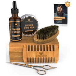 Kit para Barba Profissional Portátil com Cera e Pente, 6 Itens, NATURENICS, Marrom