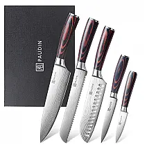 Conjunto de Facas de Cozinha PAUDIN 5 Peças Prata/Marrom com Bainha e Cabo Pakkawood