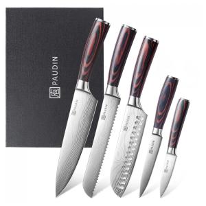 Conjunto de Facas de Cozinha PAUDIN 5 Peças Prata/Marrom com Bainha e Cabo Pakkawood
