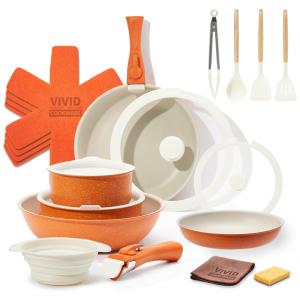 Jogo de Panelas e Frigideiras Antiaderentes, Material em Alumínio com 22 Peças, Cabo Removível e Utensílios de Cozinha, VIVIDCOOKWARE
