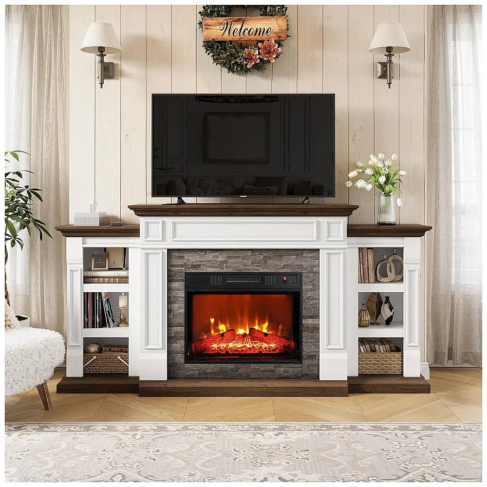 Lareira Elétrica Naice 183x92cm 1400W Rack TV Chamas 3D Branco Marrom 110V — foto 2