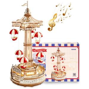 Quebra Cabeças 3D em Madeira para Adultos, Tema Caixa de Música Decorativa com Luz LED, 184 Peças e Luz, ROKR, Marrom e Vermelho