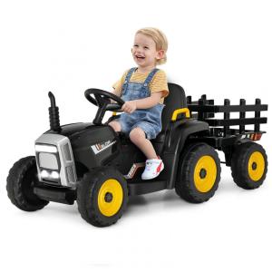 Trator Elétrico Infantil 2 em 1 com Reboque, Controle Remoto, Câmbio de 3 Marchas, Música, USB e Bluetooth, 12V, Olakids, Preto