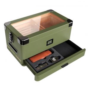 Umidor Militar para Charutos em Madeira de Cedros com Higrômetro Preciso, CASE ELEGANCE, Verde