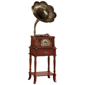 Gramofone Toca Discos Retrô com Base de Madeira e Buzina de Cobre, SEFAX, Marrom