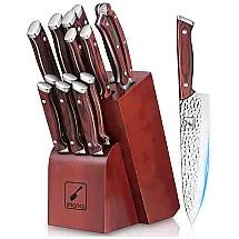 Conjunto de Facas com Bloco de Bancada e Cabo Ergonômico, 16 Peças, IMARKU, Marrom Claro