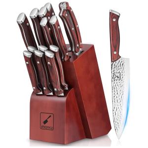 Conjunto de Facas com Bloco de Bancada e Cabo Ergonômico, 16 Peças, IMARKU, Marrom Claro