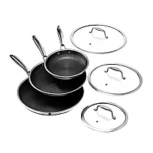 Jogo de Frigideiras HexClad Híbrido 6 Peças Aço Inox + Cerâmica TerraBond Antiaderente Pode ir ao Forno 482°C