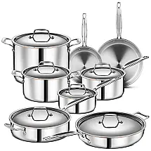 Jogo de Panelas e Frigideiras em Núcleo de Cobre de Aço Inoxidável com 14 Peças, Compatível com Todos os Fogões, LEGEND COOKWARE, Prata