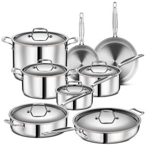 Jogo de Panelas e Frigideiras em Núcleo de Cobre de Aço Inoxidável com 14 Peças, Compatível com Todos os Fogões, LEGEND COOKWARE, Prata