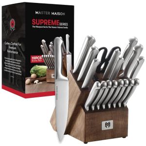 Conjunto de Facas em Aço Inoxidável com Afiador Embutido e Bloco de Bancada Peças, MASTER MAISON 19 Piece Premium Knife Set w, Block