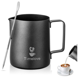 T melove Milk Frothing Pitcher 350ml, 12oz 304 Stainless Steel, Black Espresso Steaming Pitcher Coffee Milk Frother Cup with Decorating Art
