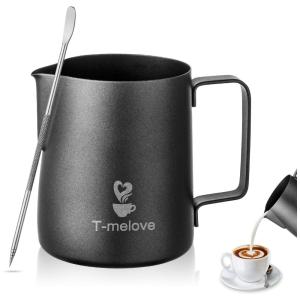 T melove Milk Frothing Pitcher 350ml, 12oz 304 Stainless Steel, Black Espresso Steaming Pitcher Coffee Milk Frother Cup with Decorating Art