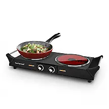 Cooktop Elétrico de Infravermelho Portátil em Aço Inoxidável Escovado com Queimador Duplo e Controle de Temperatura Duplo Ajustável