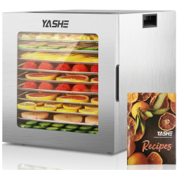Desidratador de Alimentos YASHE, 10 Bandejas em Aço Inoxidável, 10 Programas, Temporizador de 48 horas e Controle de Temperatura