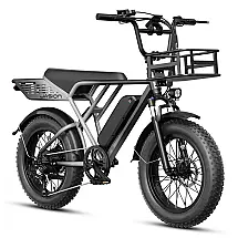 Bicicleta elétrica Jasion RetroVolt cinza com cesta dianteira pneus 20x4 suspensão dupla motor 1500W pico bateria 48V 13Ah 70 km 7 marchas