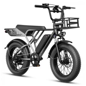 Bicicleta elétrica Jasion RetroVolt cinza com cesta dianteira pneus 20x4 suspensão dupla motor 1500W pico bateria 48V 13Ah 70 km 7 marchas