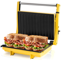 Sanduicheira e Grill Elétrico com Superfície Antiaderente e Abertura 180, 1000W, 110v, SUSTEAS, Amarelo