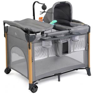 Berço Cercado Portátil com Trocador, Colchão, Lençol, Dossel, Prateleira e Brinquedo Suspenso, JOYMOR, Cinza