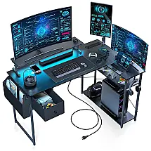 Mesa Gamer de Fibra de Carbono em Formato de L, 47" 119 cm com Prateleiras, Tomadas, Gaveta e Luz LED, 110V, DOMICON