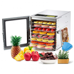 Desidratador de Alimentos com 8 Bandejas em Aço Inoxidável, Temporizador 24H e Livro de Receitas, 500W, Cercker, Prata