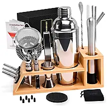 Kit Bartender Profissional 28 Peças em Aço Inoxidável com Suporte de Bambu e Livro de Receitas, EATAKWARD, Prata