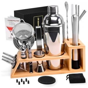 Kit Bartender Profissional 28 Peças em Aço Inoxidável com Suporte de Bambu e Livro de Receitas, EATAKWARD, Prata