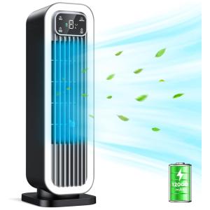 Ventilador de torre sem lâmina para quarto, 15 ventiladores de mesa pequenos sem fio tipo C 12000mAh Ventiladores USB oscilantes silenciosos