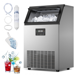 Máquina de Gelo Comercial Subcounter QAUSOU Aço Inox 90 kg/dia Bin 23 kg, Autolimpeza, Temporizador, 55 Cubos 8-15min