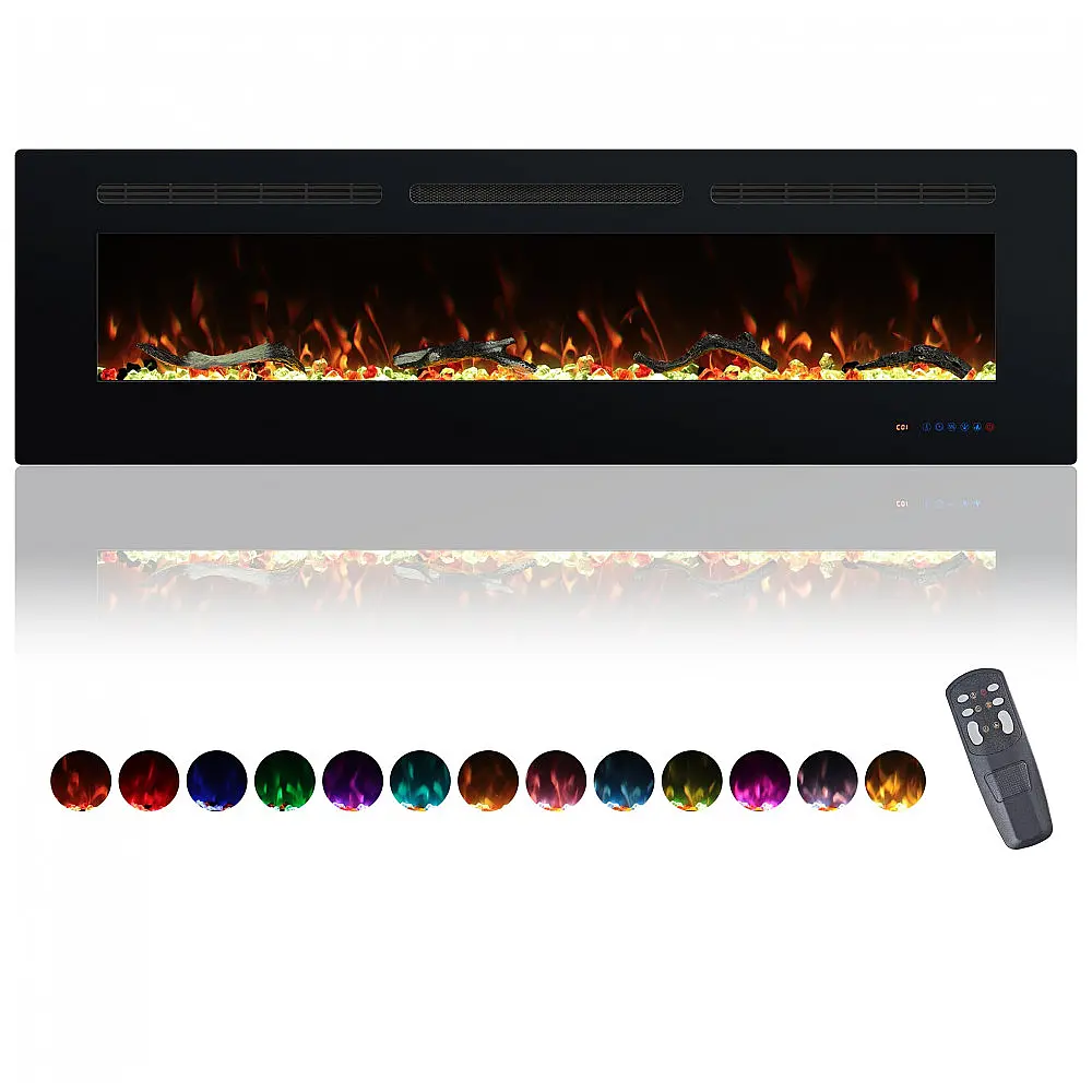 Lareira Elétrica Valuxhome de 152,4 cm, 750-1500W Montada na Parede e Embutida com Controle Remoto, 13 Cores de Chamas e Leito