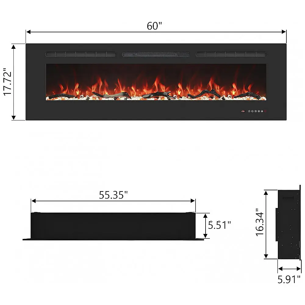 Lareira Elétrica Valuxhome de 152,4 cm, 750-1500W Montada na Parede e Embutida com Controle Remoto, 13 Cores de Chamas e Leito — foto 2