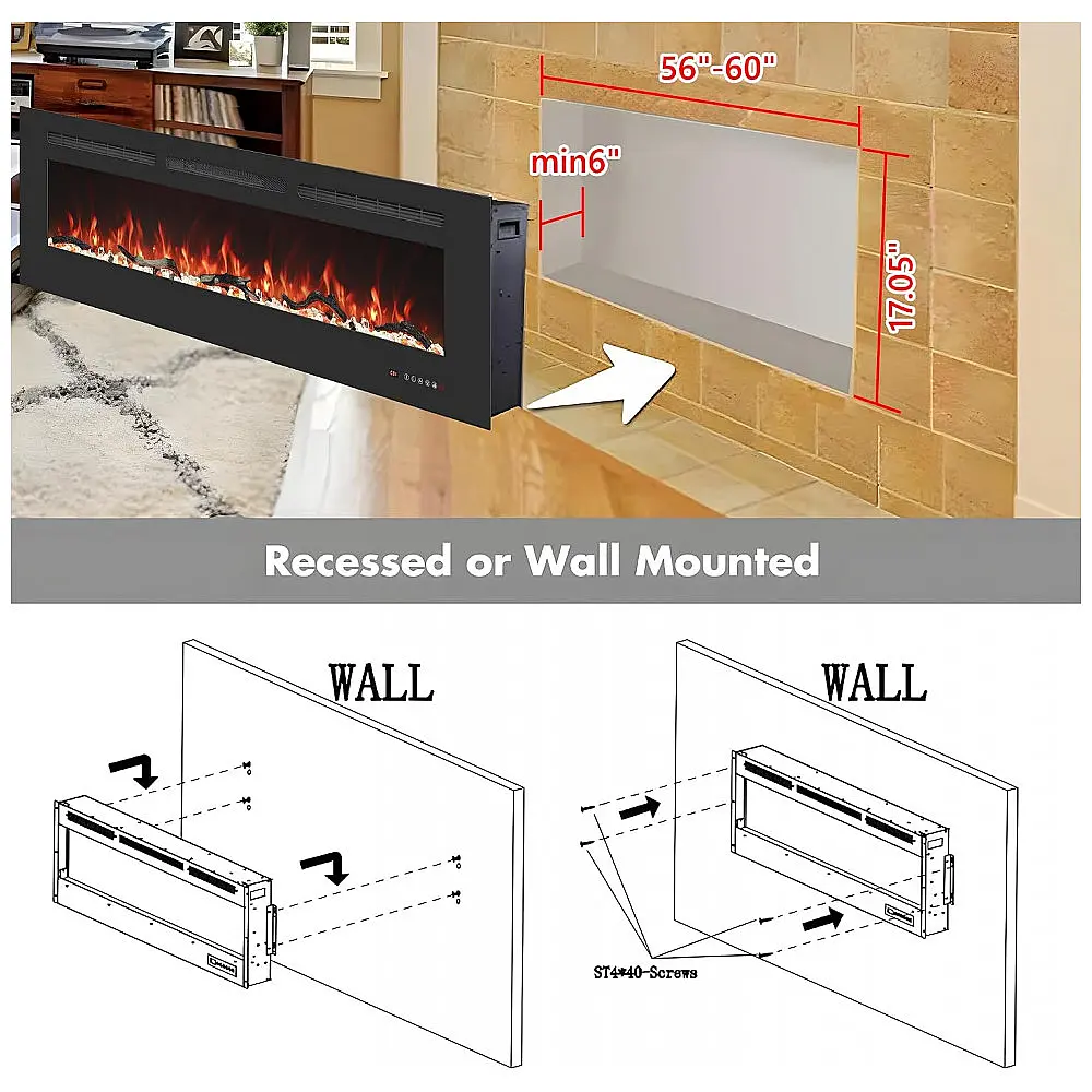 Lareira Elétrica Valuxhome de 152,4 cm, 750-1500W Montada na Parede e Embutida com Controle Remoto, 13 Cores de Chamas e Leito — foto 3