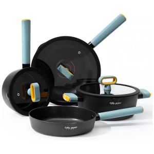 Jogo de Panelas com Revestimento Cerâmica e Alça de Silicone Macio, 8 Peças, Leetaltree, Preto