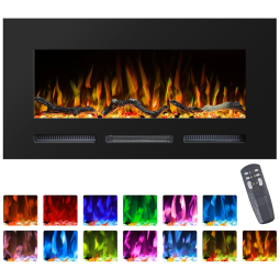 Lareira Elétrica de Embutir A54x106L cm com Temporizador, Controle Remoto, Brilho Ajustável, 13 Chamas Coloridas, Tora e Cristal
